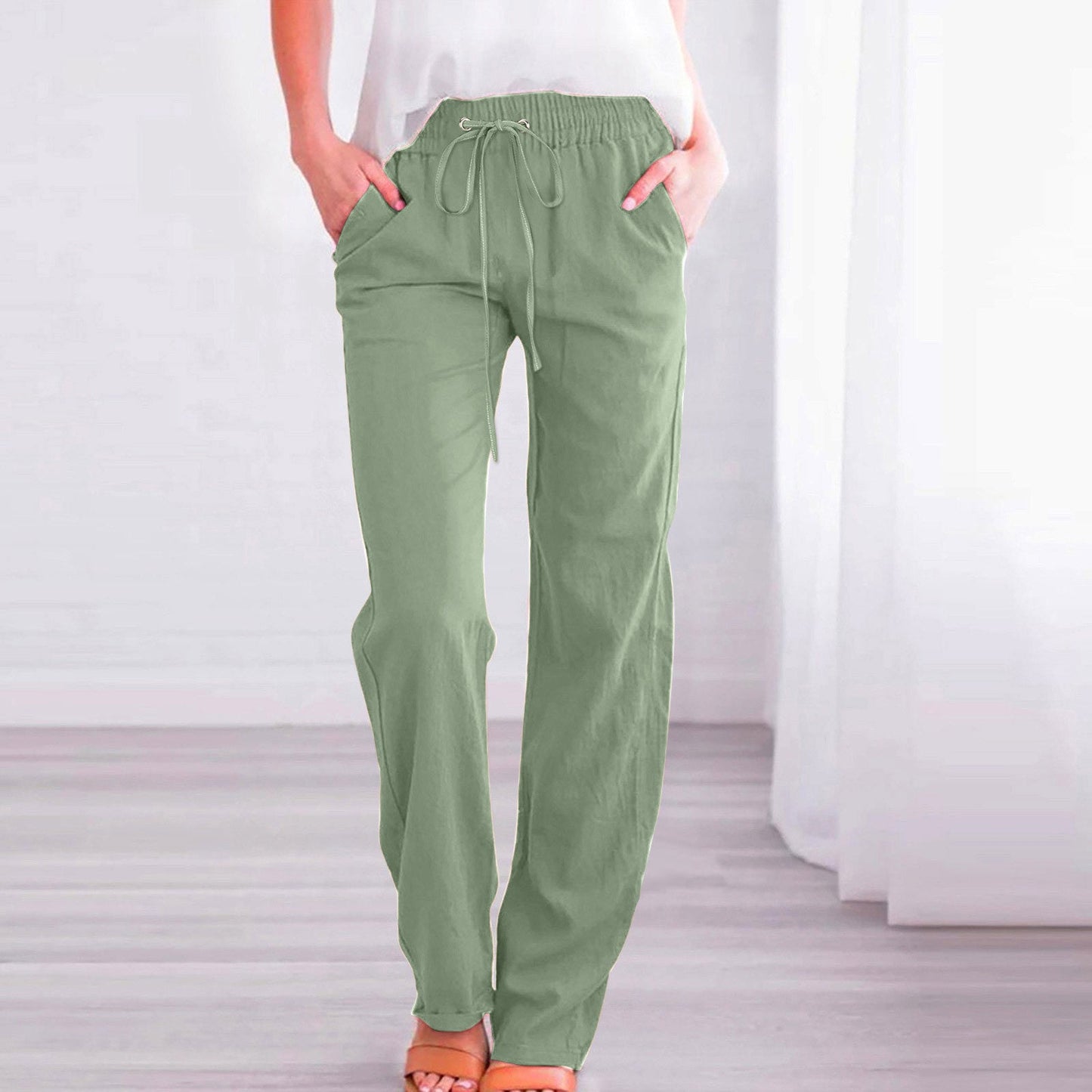 Damen Bequeme Leinen-Hose mit elastischem Bund und Taschen ModeGeist
