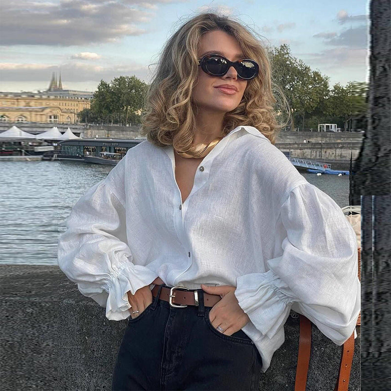 Damen lässige Leinenbluse mit ballonärmel ModeGeist