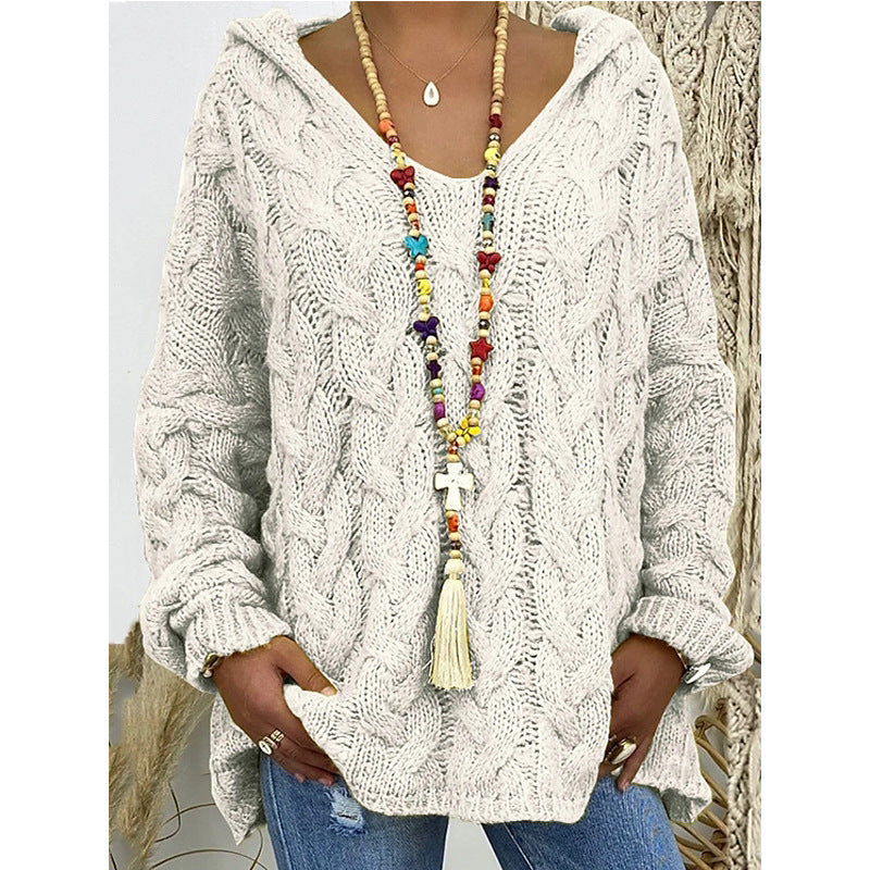 Damen Hoody aus Grobstrick mit V-Ausschnitt und dekorativem Kordelzug ModeGeist
