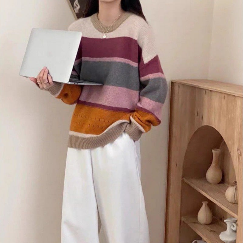 Damen Grob gestrickter Pullover mit lässigen Streifen ModeGeist