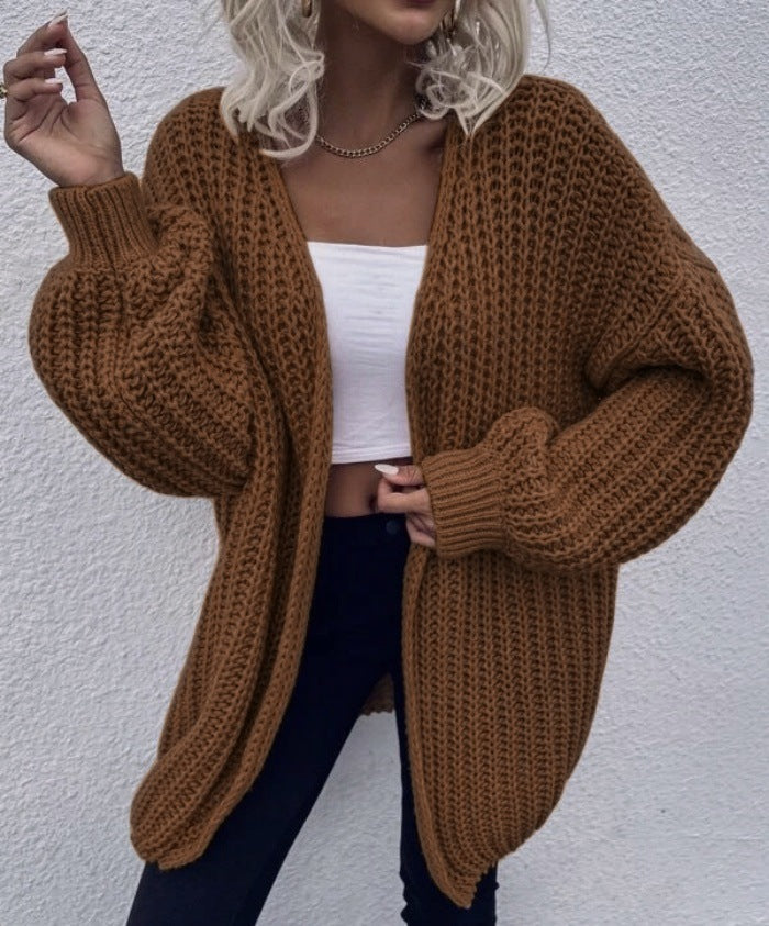 Damen lässiger Grobstrick-Cardigan mit tiefen Taschen und voluminösen Ärmeln ModeGeist