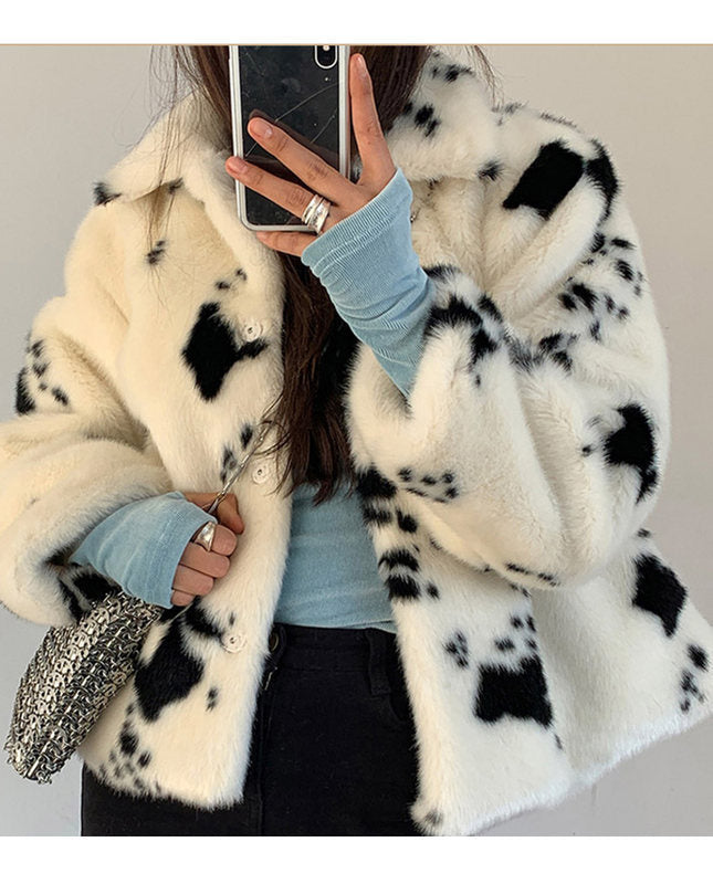 Damen gemütliche Plüschjacke im Kuhmuster ModeGeist