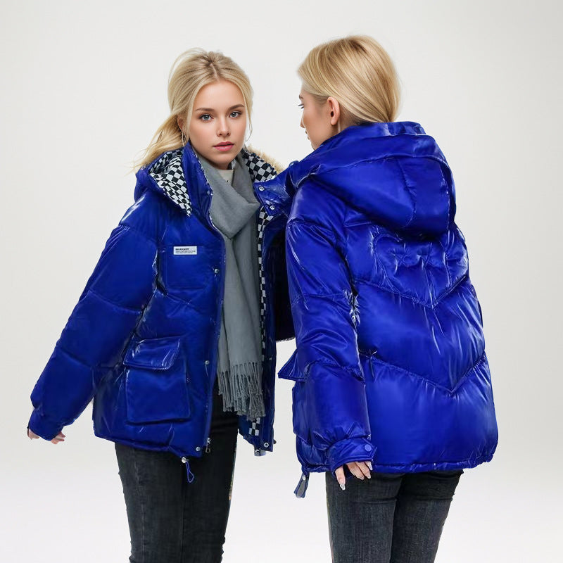 Damen modische glänzende Steppjacke mit hochschließendem Kragen und praktischen Taschen ModeGeist