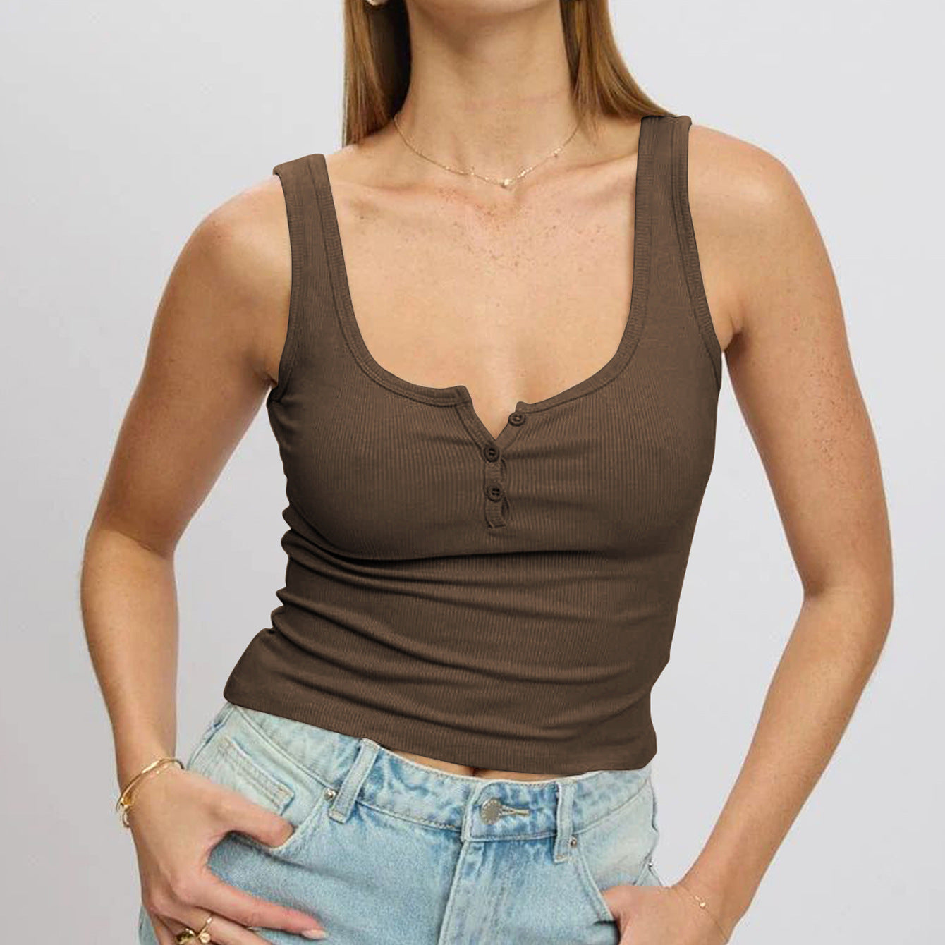 Damen körperbetontes Ripp-Top mit Knopfleiste und weitem Ausschnitt ModeGeist