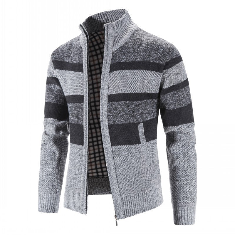 Herren modischer Strickpullover mit durchgehendem Reißverschluss und gestreiftem Design ModeGeist
