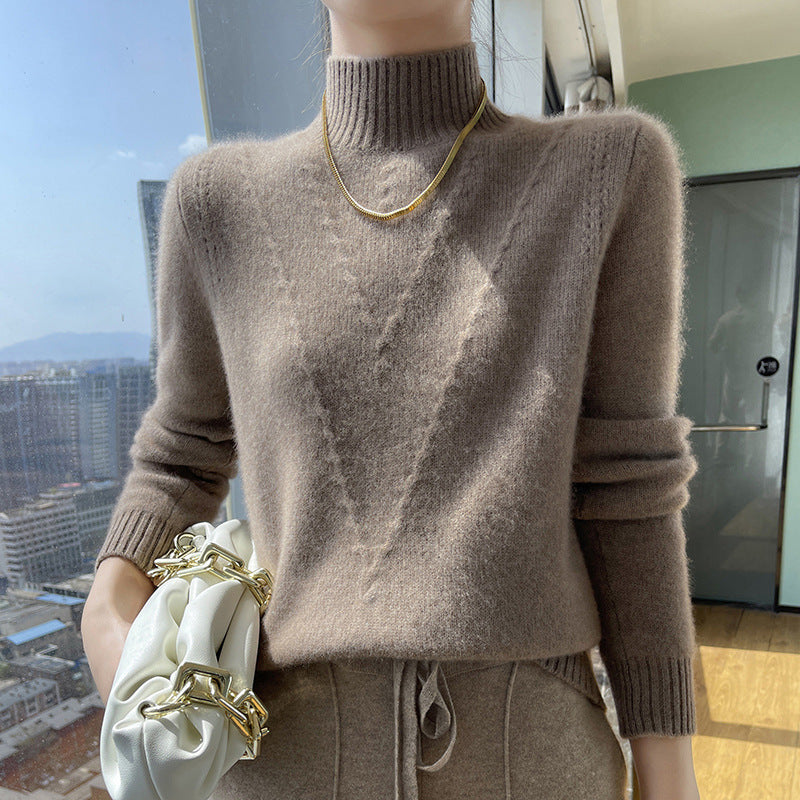 Damen weicher Strickpullover mit hohen Kragen und V-Design ModeGeist