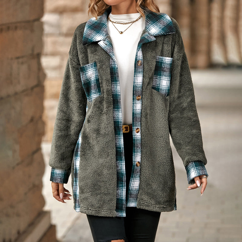 ModeGeist | Fleecejacke mit Karodetails Knopfverschluss Warm und Lässiger Stil