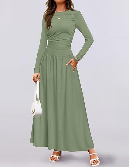 Damen Langärmliges Maxikleid mit eleganten Rüschendetails und praktischen Taschen ModeGeist
