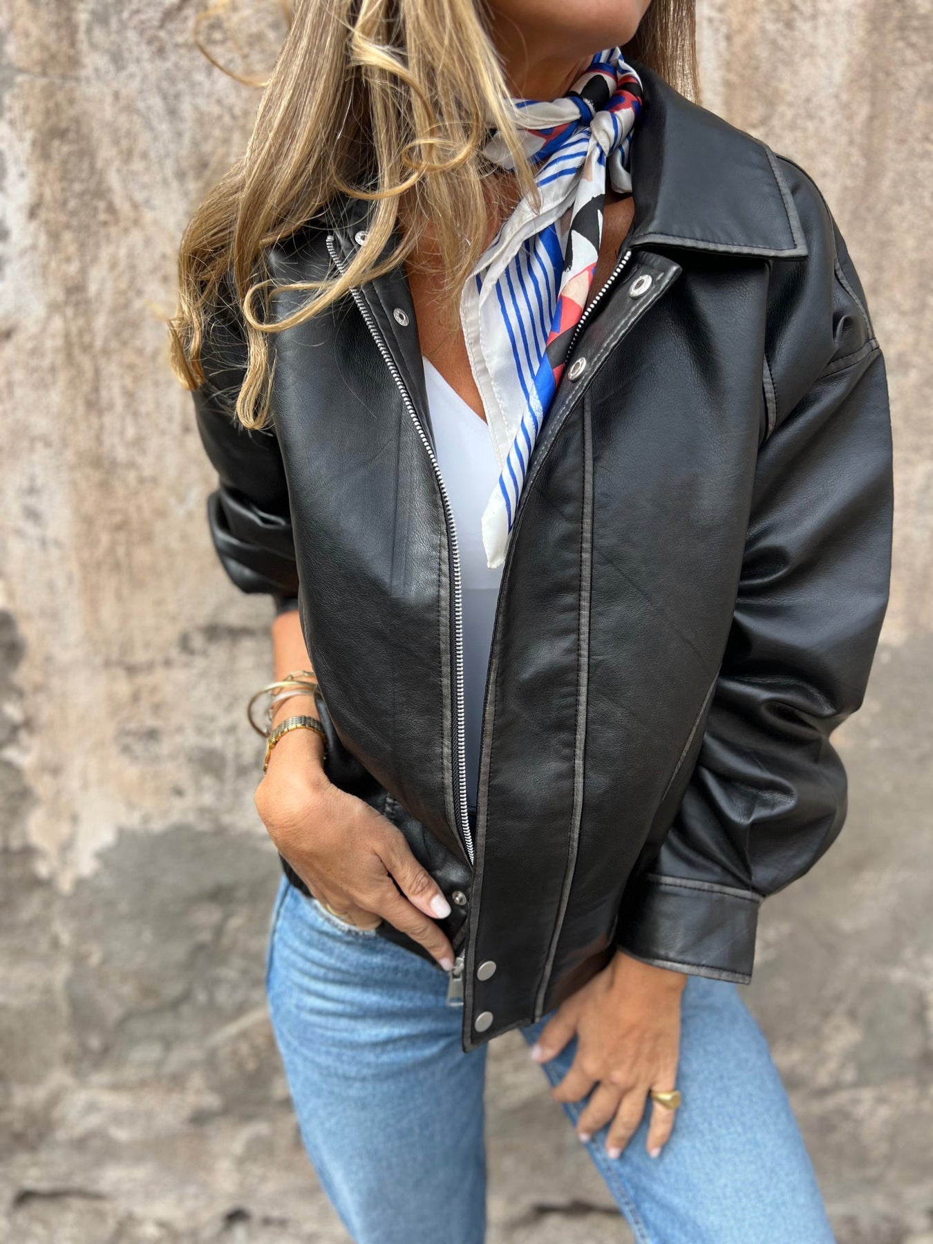 ModeGeist | Lockere Pu-Motorrad Bomberjacke