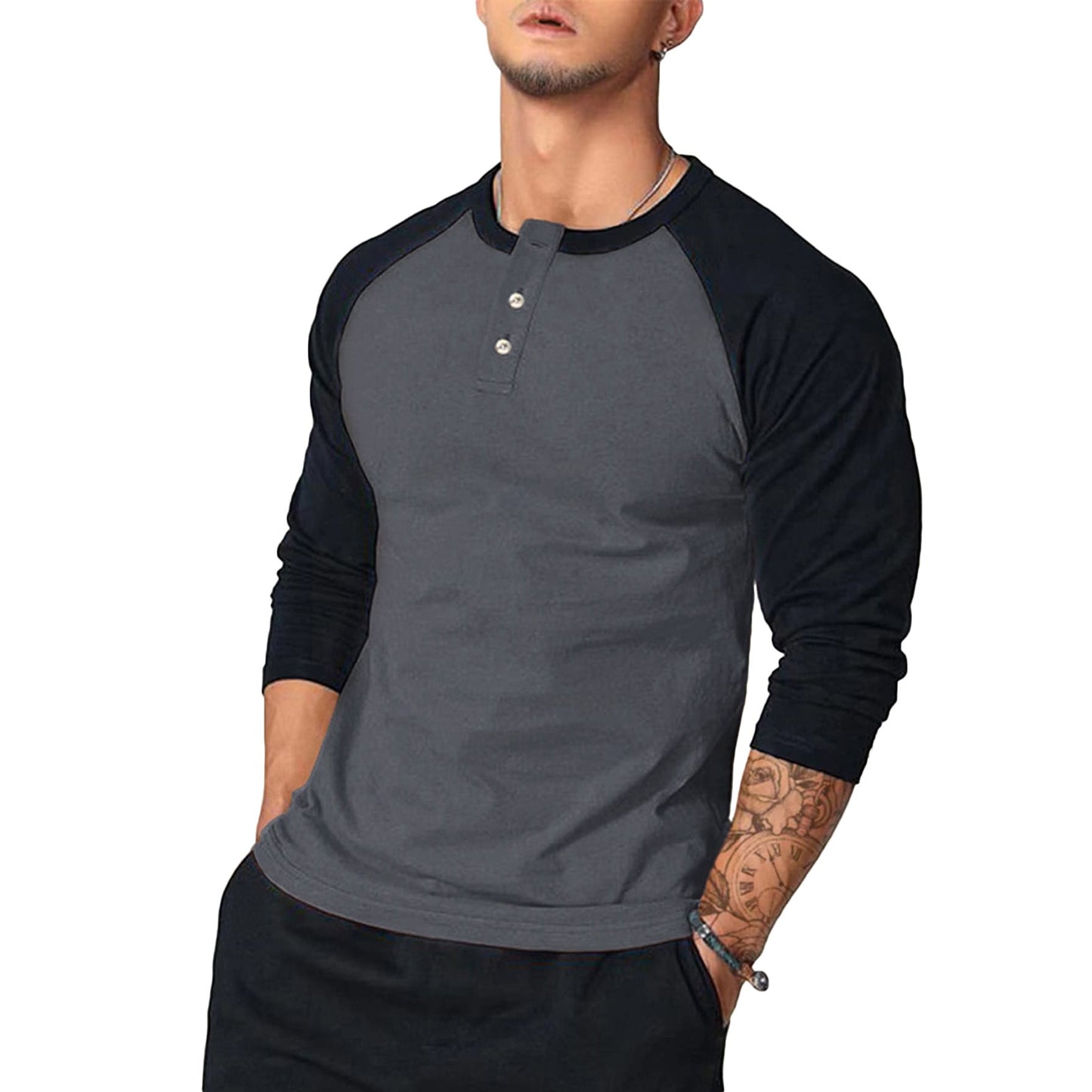 Herren Langarm-Henley-Shirt mit Kontrastärmel ModeGeist