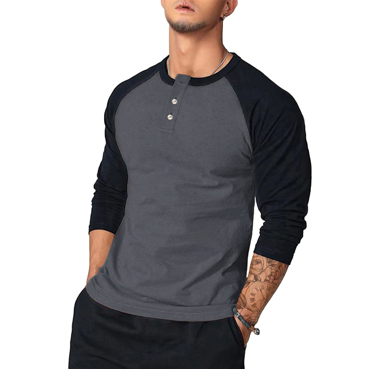 Herren Langarm-Henley-Shirt mit Kontrastärmel ModeGeist
