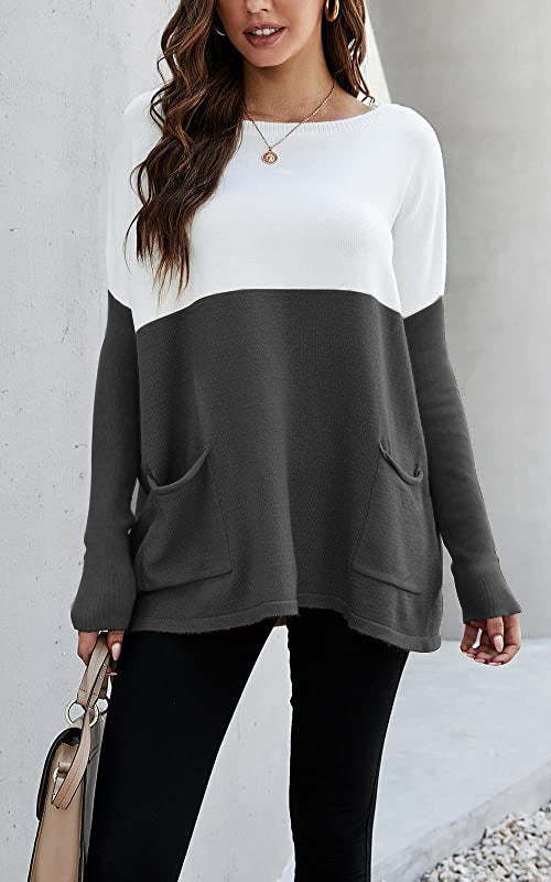 Damen Strickpullover mit großen Fronttaschen und kontrastiertem Design ModeGeist