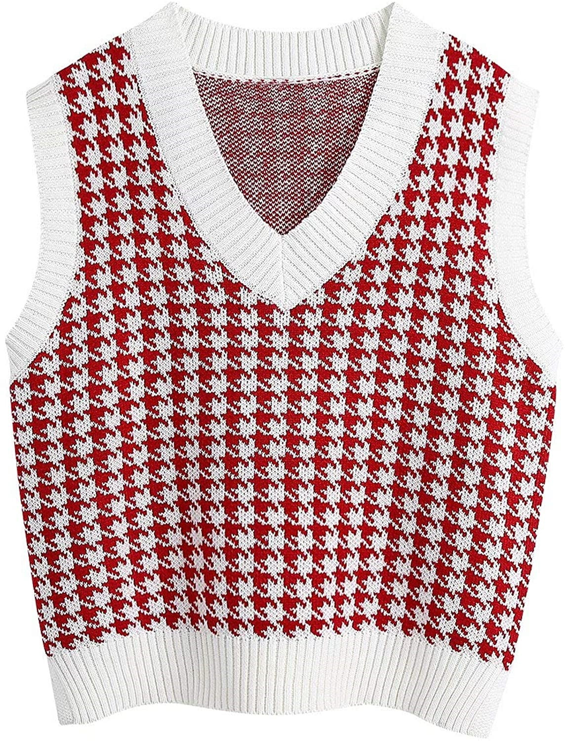 Damen ärmellose Strickweste mit modernem Hahnentrittmuster ModeGeist