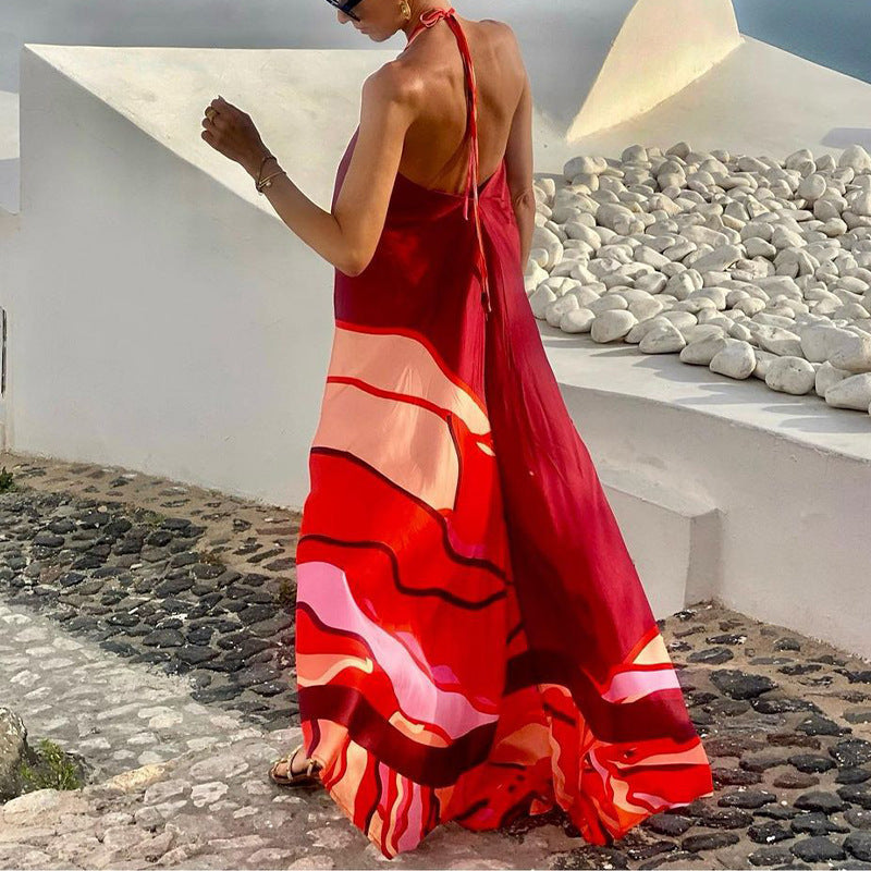Fudus modisches, sexy bedrucktes, rückfreies knielanges Kleid mit Halskette
