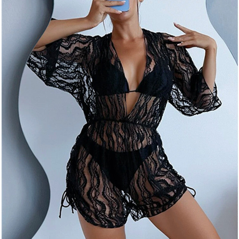 Strand-Kimono für Damen mit durchgehendem Spitzenmuster und elastischem Gürtel von MODEGEIST