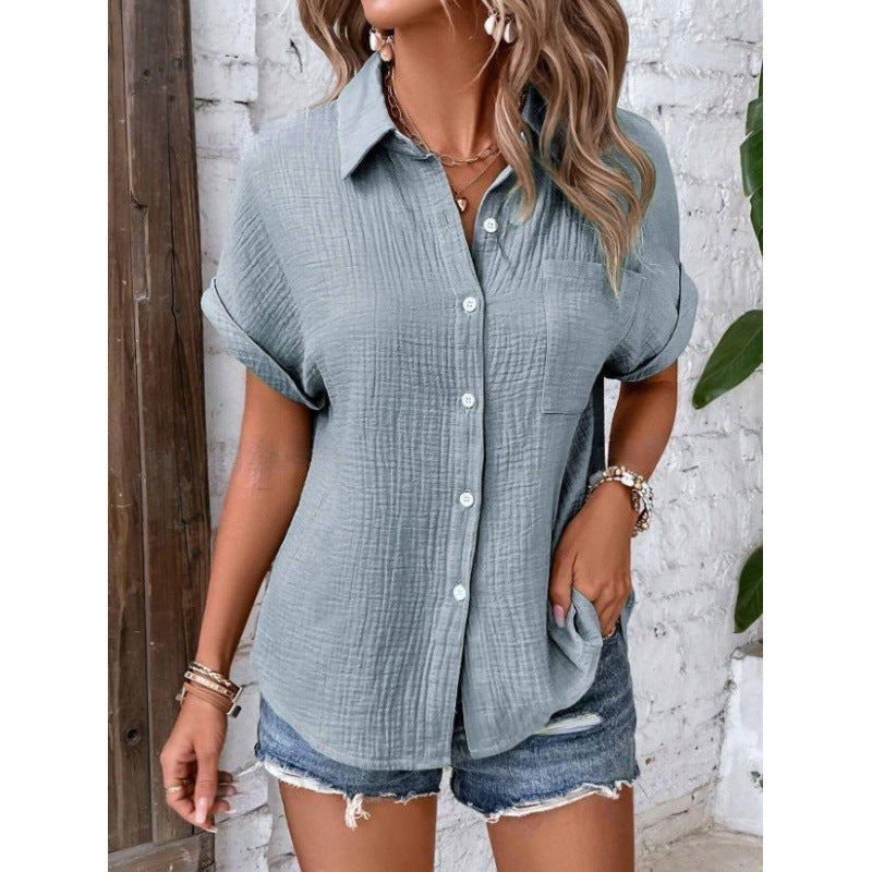 Atmungsaktive Damen-Baumwollmix Bluse mit Kurzarm und strukturierter Oberfläche - lässiger Style