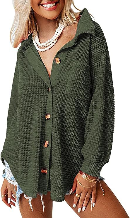 Damen lässige Waffle-Hemdenjacke mit Knopfverschluss ModeGeist