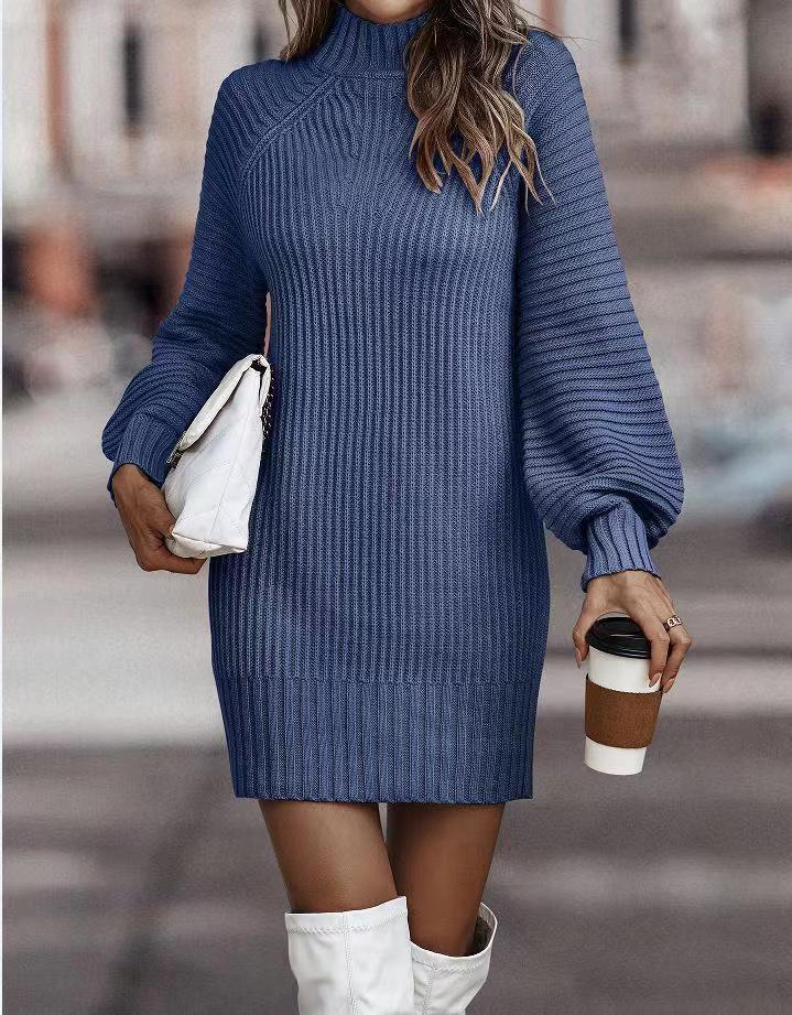 Damen Strickkleid mit weitem Rollkragen und puffärmeligen Details ModeGeist
