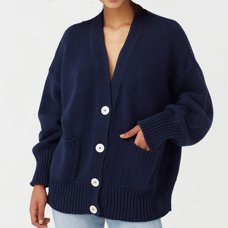 Damen Oversized Strickjacke mit Taschen und V-Ausschnitt ModeGeist