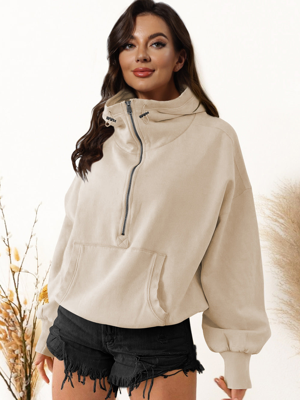 Damen lässiger Kapuzensweater mit halbem Reißverschluss ModeGeist
