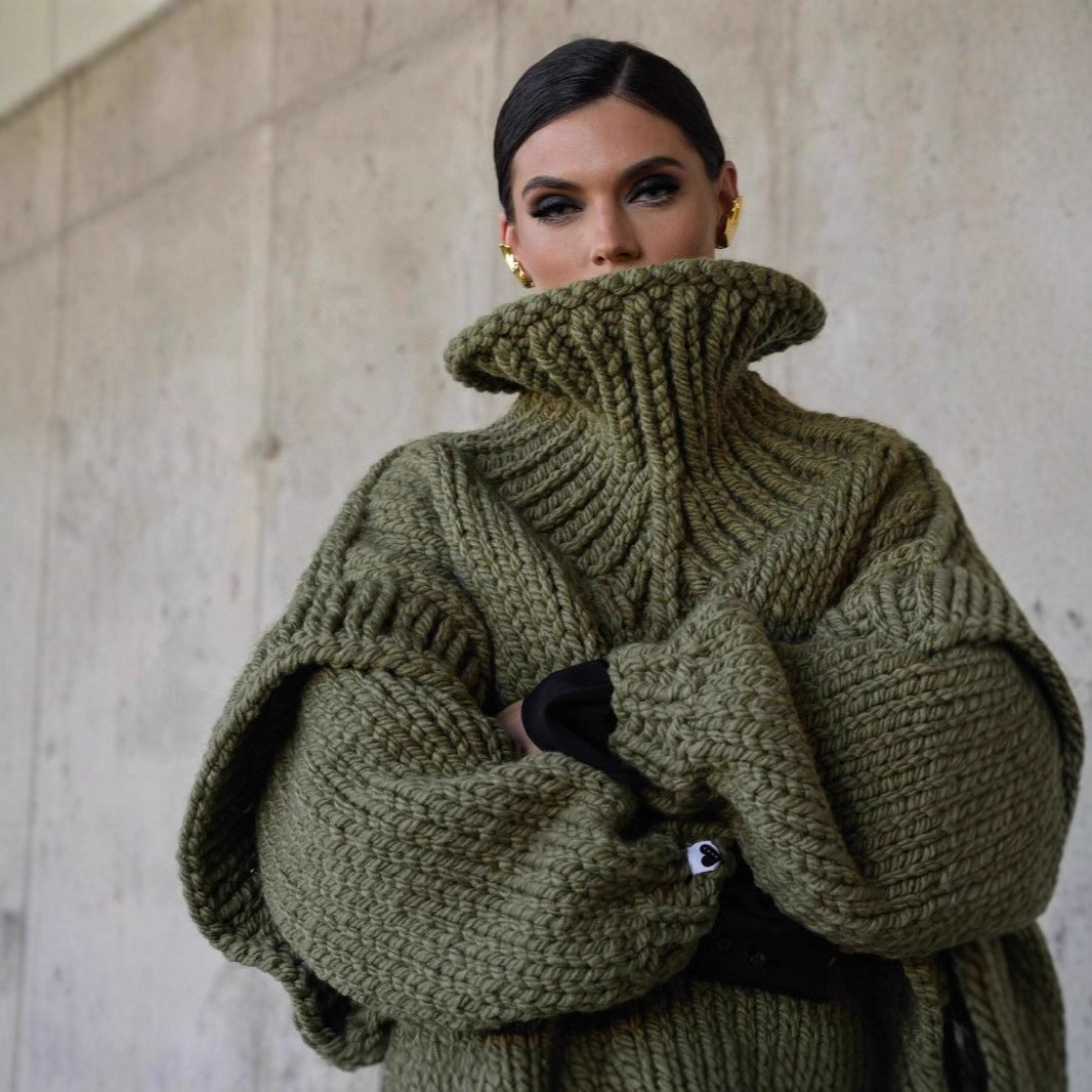 Damen Oversized Strickpullover mit hohem Kragen und voluminösen Ärmeln ModeGeist