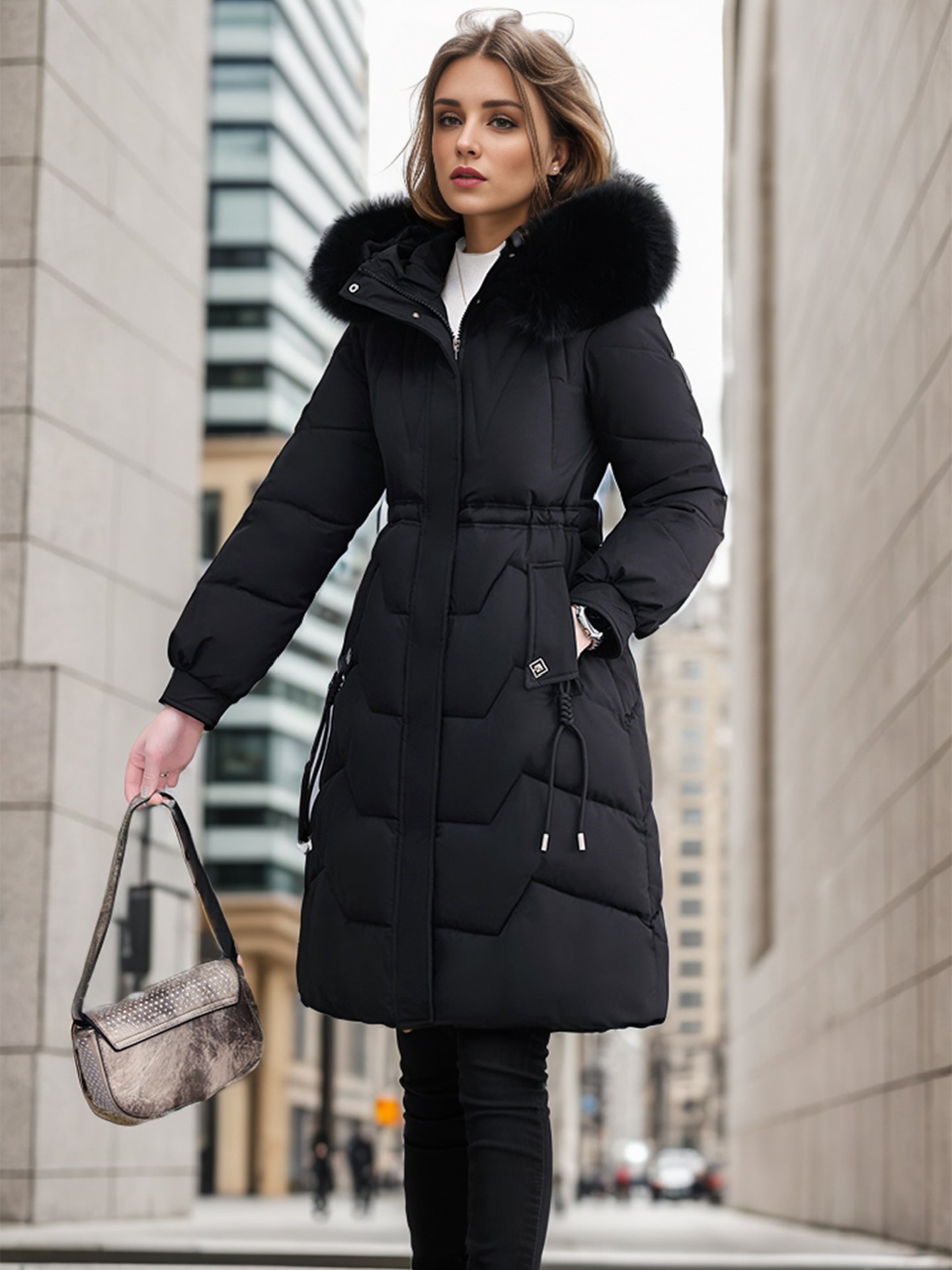 Damen eleganter und isolierter Wintermantel mit abnehmbarem Kunstfellkragen ModeGeist