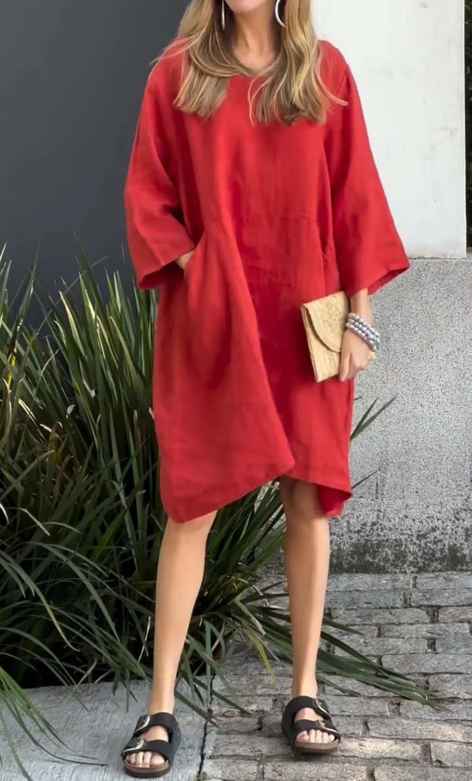 Damen lässiges Leinenkleid mit praktischen Taschen und asymmetrischem Saum ModeGeist