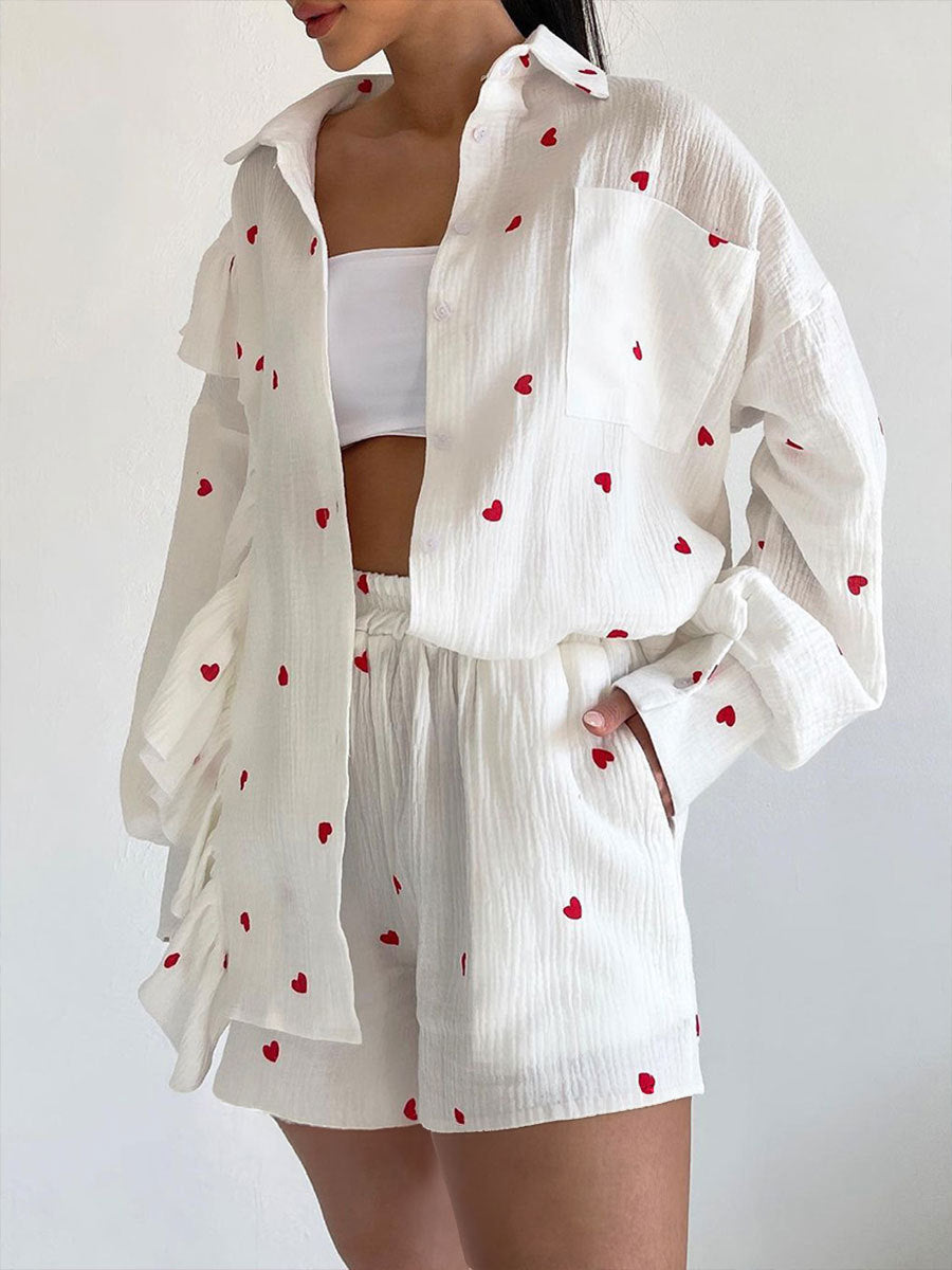 Damen Verspieltes Kurzarm-Oberteil und Shorts-Set mit Herz-Muster ModeGeist