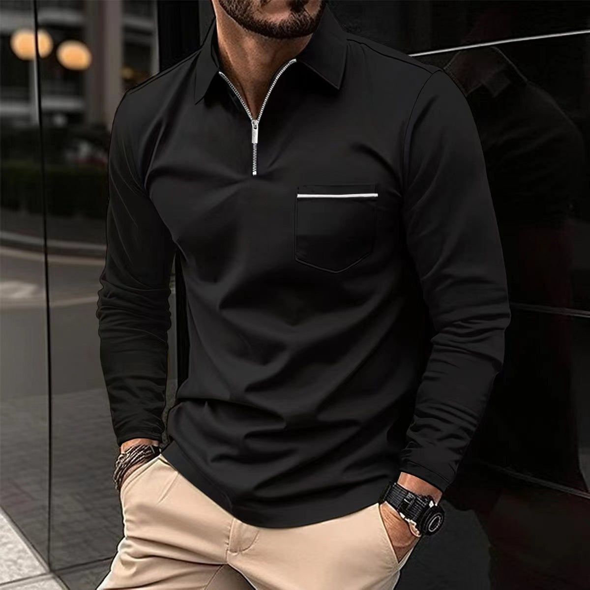 Herren Langarm-Hemd mit Reißverschluss und Brusttasche ModeGeist