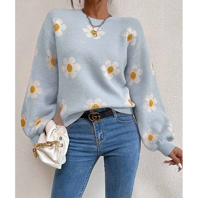 Damen Pullover mit floralem Muster und voluminösen Ärmeln ModeGeist