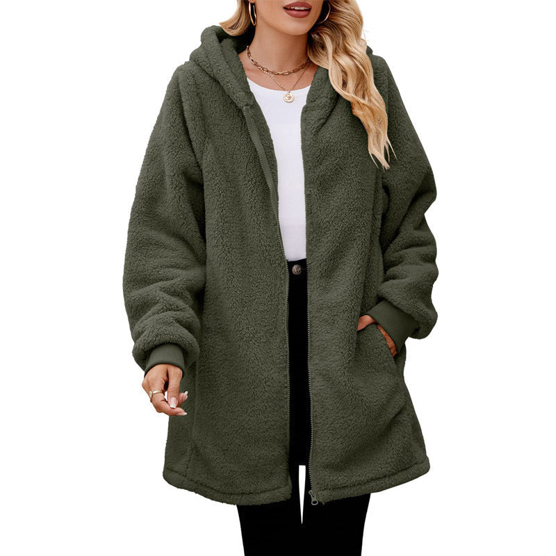 Damen kuschelige Fleecejacke mit Kapuze und seitlichen Eingrifftaschen ModeGeist