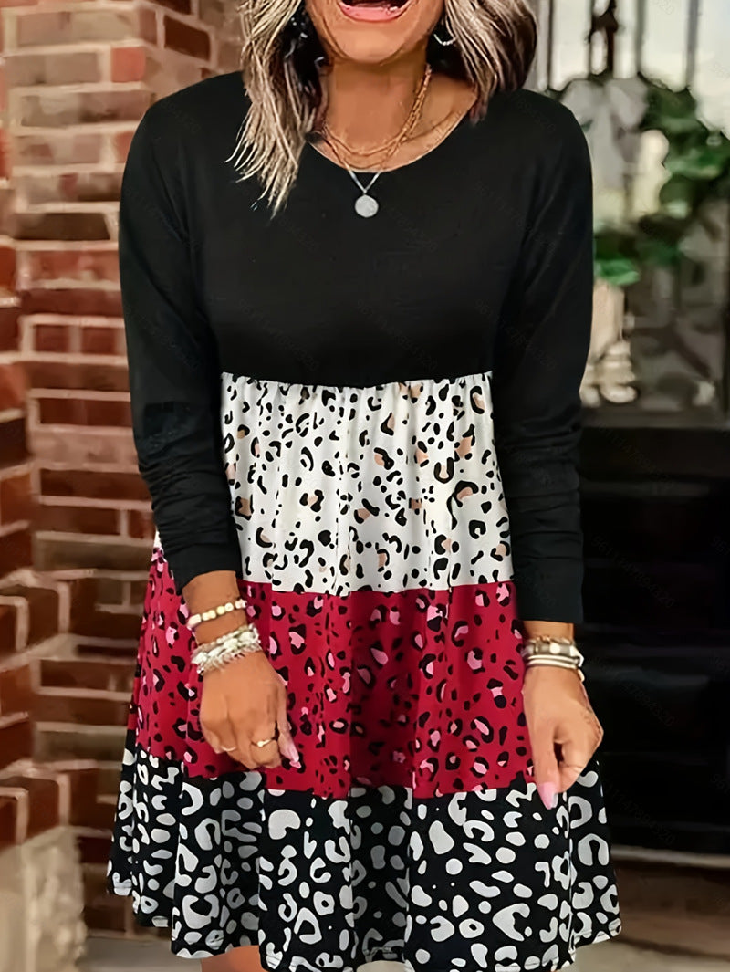 Modisches Damen-Freizeitkleid mit langen Ärmeln und farbenfrohen Tierprints