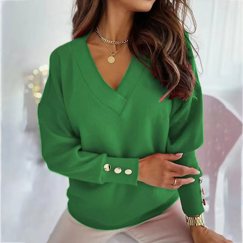 Damen lässiger V-Ausschnitt Pullover mit weiten Ärmeln und weichem Stoff ModeGeist