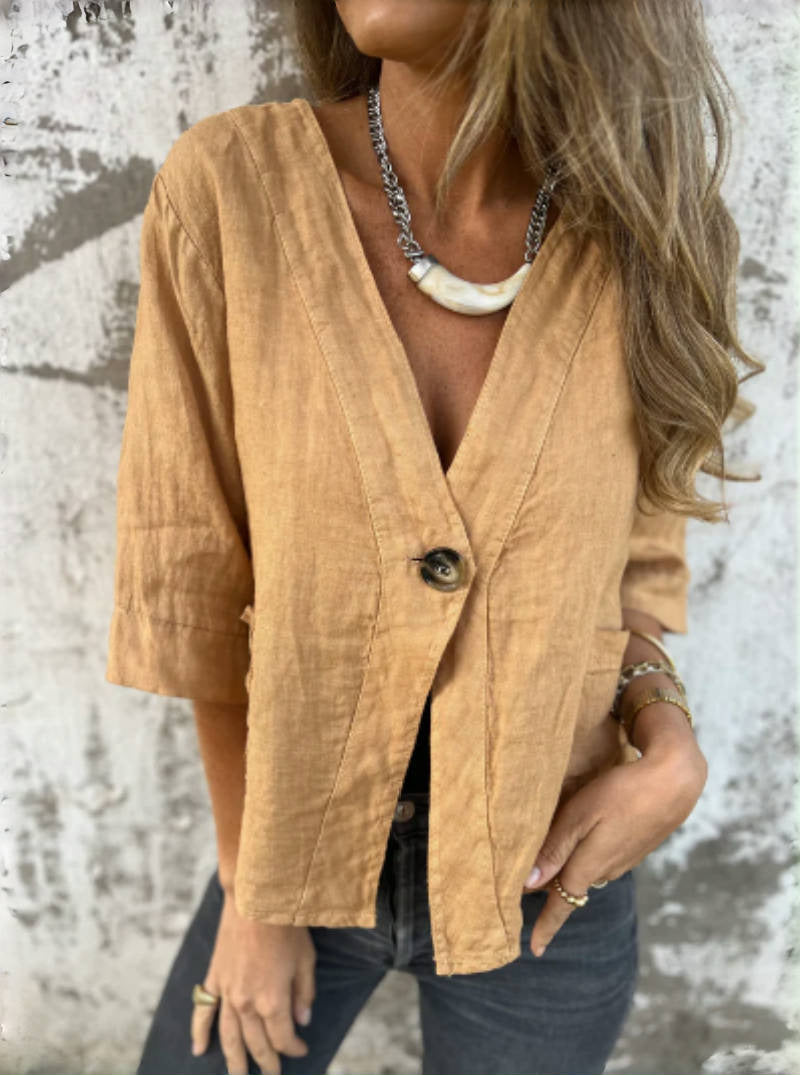 Damen Leichtes Leinenblazer mit kurzer Arm ModeGeist