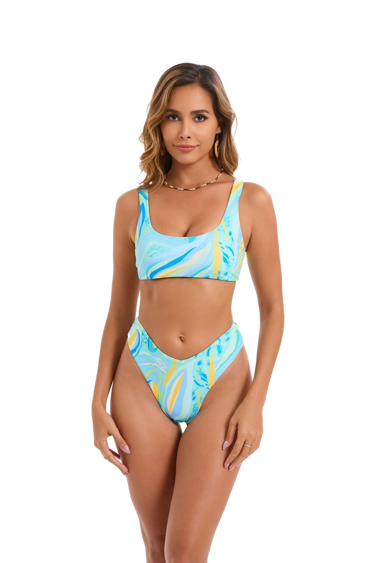 Moderner Damen-Bikini mit geometrischem Muster und hohem Bein