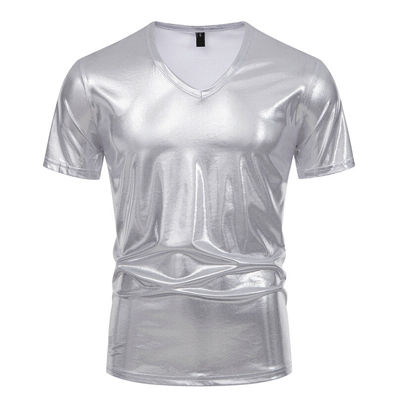 Herren V-Ausschnitt T-Shirt aus glänzendem Material mit persönlichem Stil ModeGeist