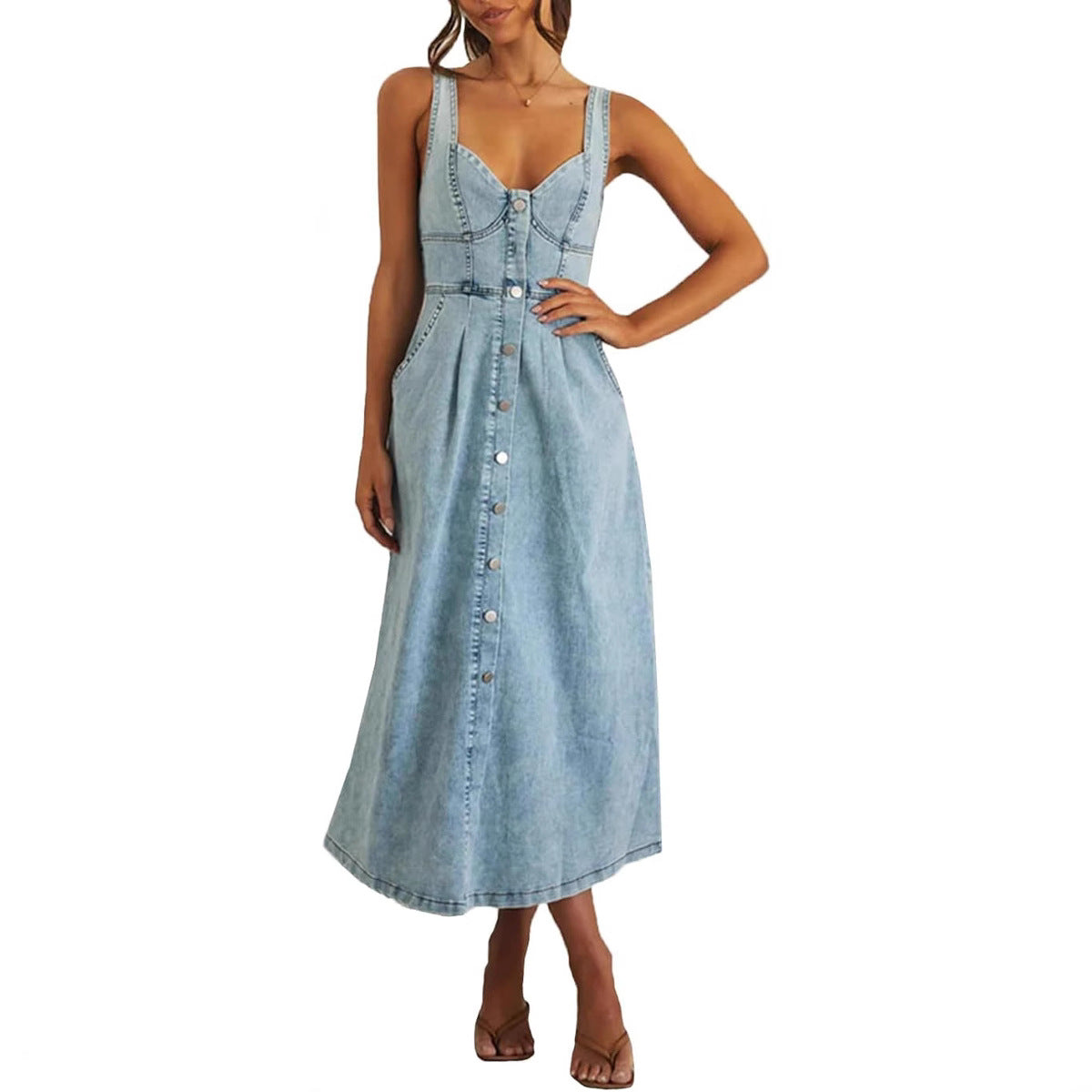 MODEGEIST Damen Jeanskleid Ärmellos Knopfleiste Klassisch