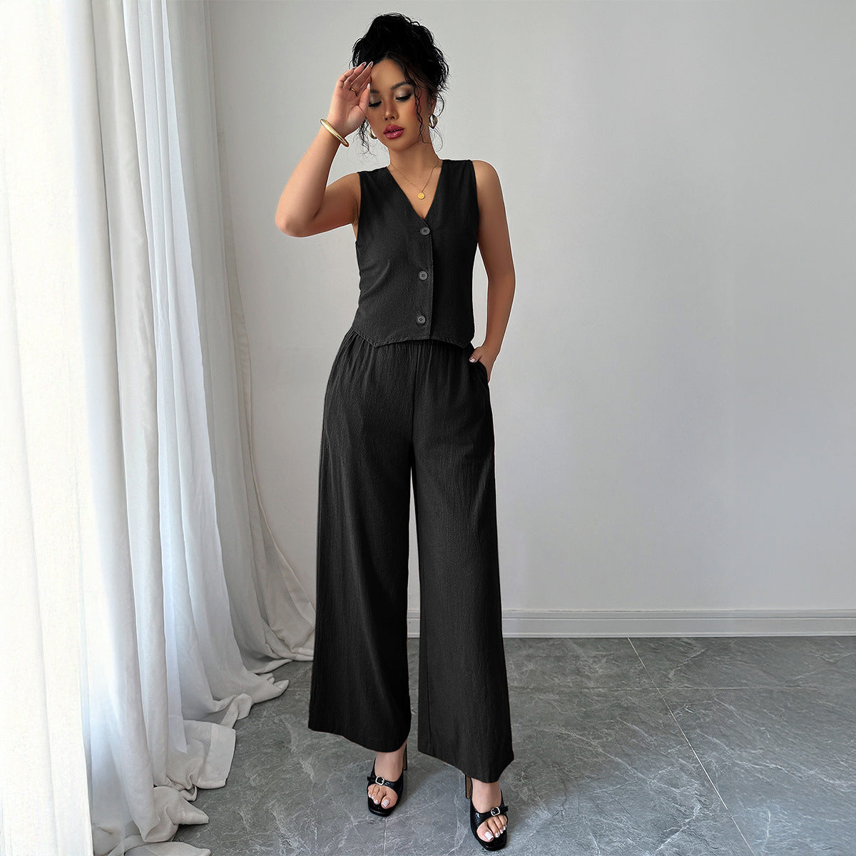 Modisches Damen-Overall-Set mit Knöpfen und weitem Bein