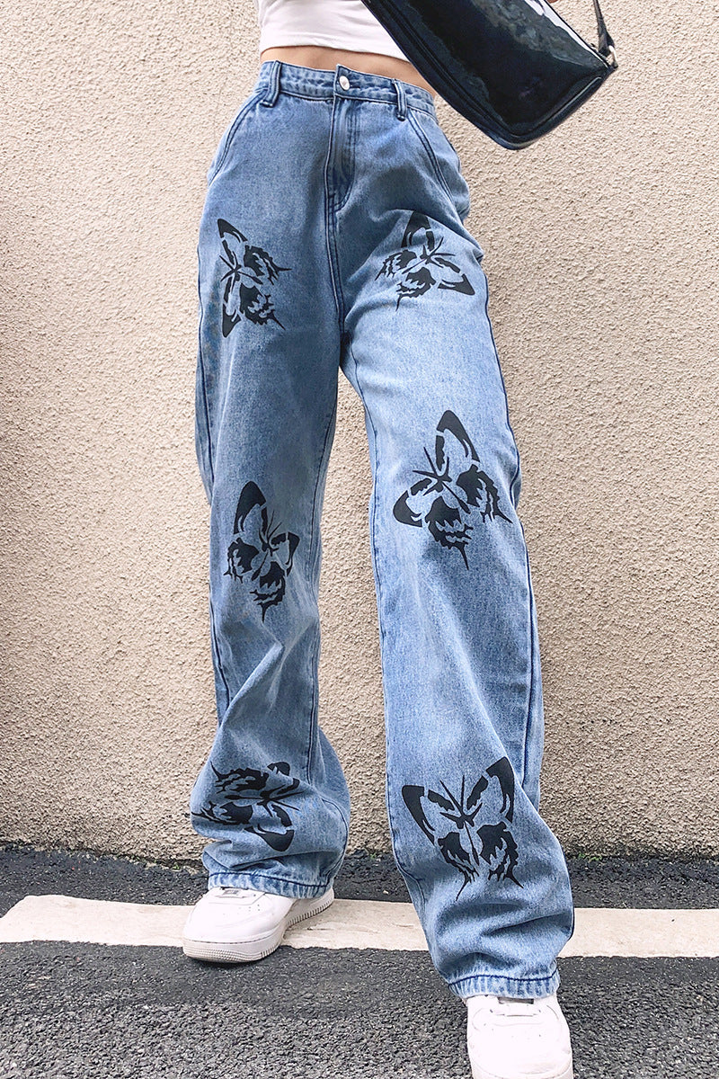 Damen Weit geschnittene Jeans mit kreativem Schmetterlingsdruck ModeGeist