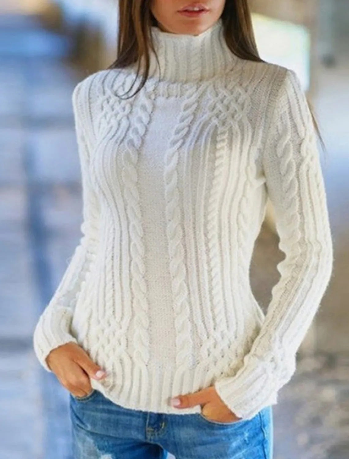 Damen Rolkragenpullover mit Zopfmuster und bequemer Passform ModeGeist