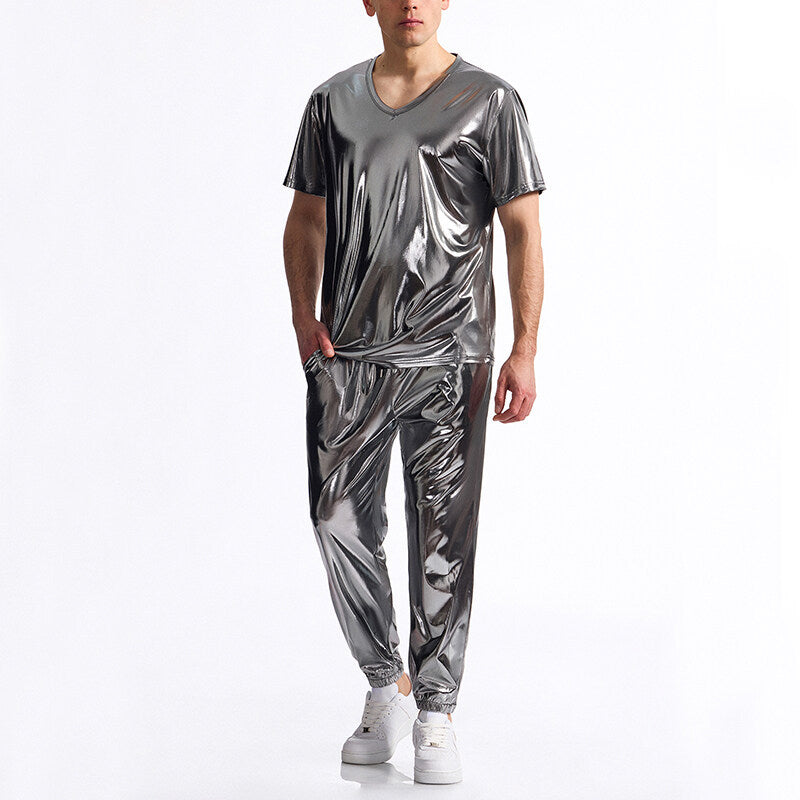 Herren glänzendes Sport-Outfit mit modernem V-Ausschnitt und elastischem Bund ModeGeist