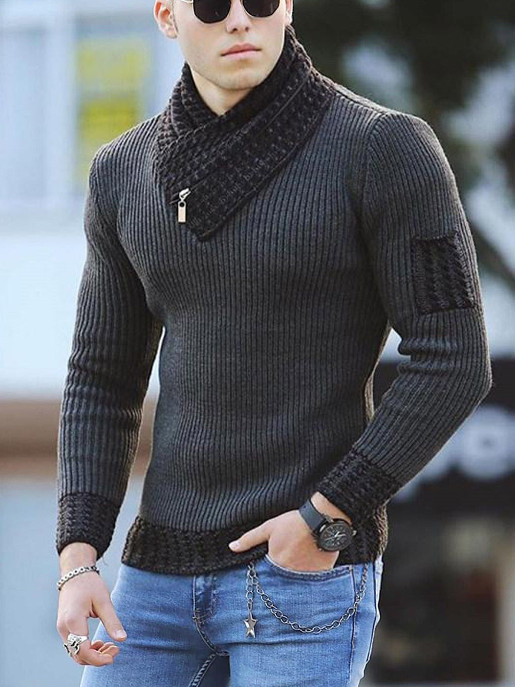 Herren Pullover mit modernem asymmetrischem Kragen und strukturiertem Design ModeGeist
