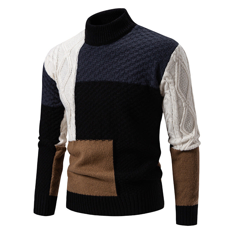 Herren modischer Grobstrickpullover mit hochgeschlossenem Kragen und strukturiertem Farbblockdesign ModeGeist