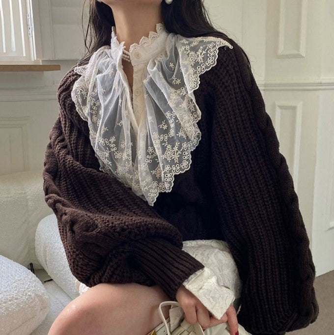 Damen Grobstrick-Pullover mit voluminösen Ärmeln und V-Ausschnitt ModeGeist
