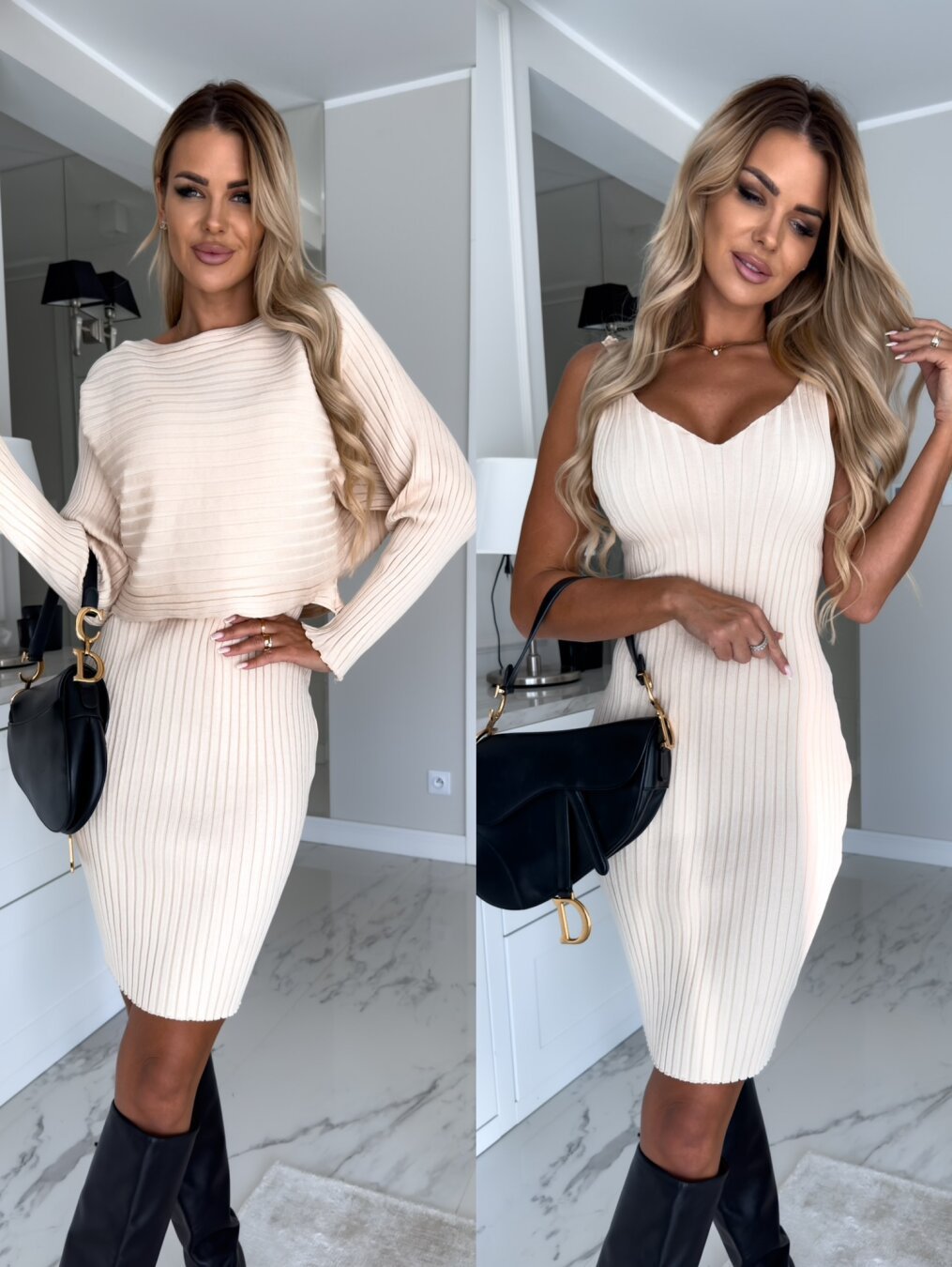 Damen Strickkleid mit V-Ausschnitt und Langarm ModeGeist
