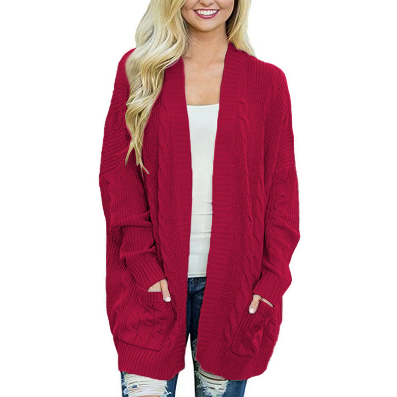 Damen lässige Strickjacke mit Kabelmuster und großzügigen Taschen ModeGeist