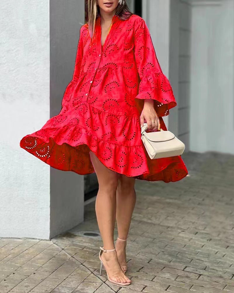 MODEGEIST Damen Mini-Kleid Gestuft Stickerei Ballonärmel Sommer