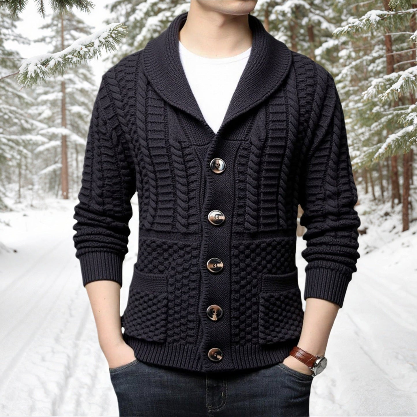 Herren modische Strickjacke mit tiefem V-Ausschnitt und stylishem Zopfdesign ModeGeist
