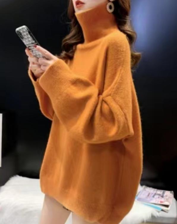 Damen Oversized Pullover mit hohem Kragen und Puffärmeln ModeGeist