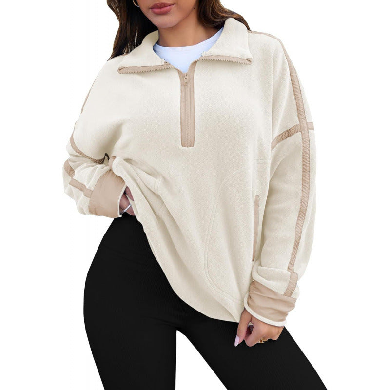 Damen Fleecpullover mit halbem Reißverschluss und kontrastierenden Ärmeln ModeGeist